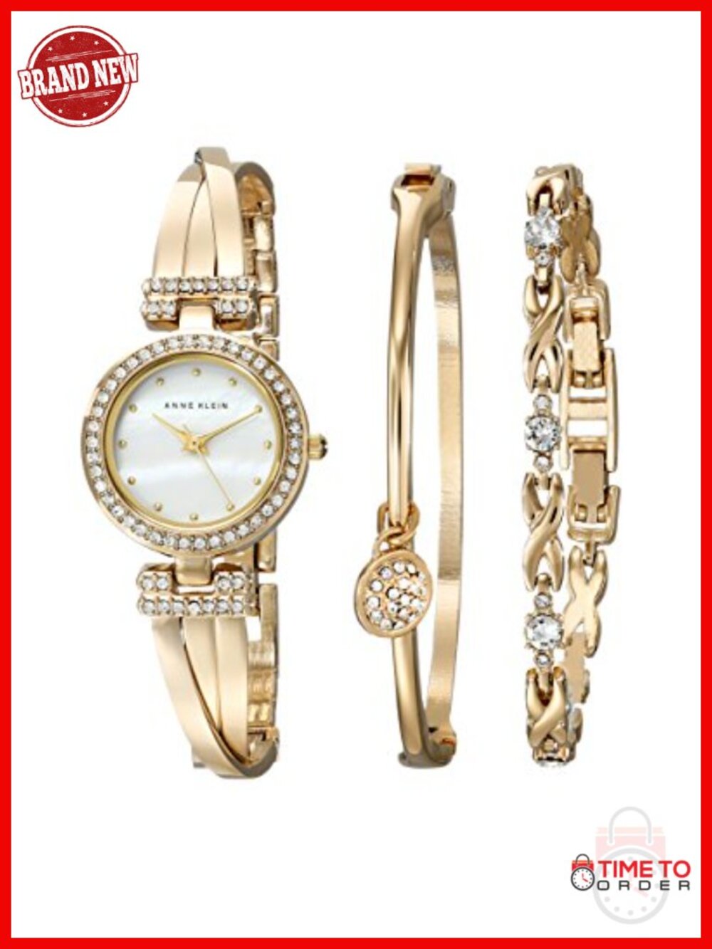 Premium Crystal Accented Bangle Watch and Bracelet Set - Splash Resistant -